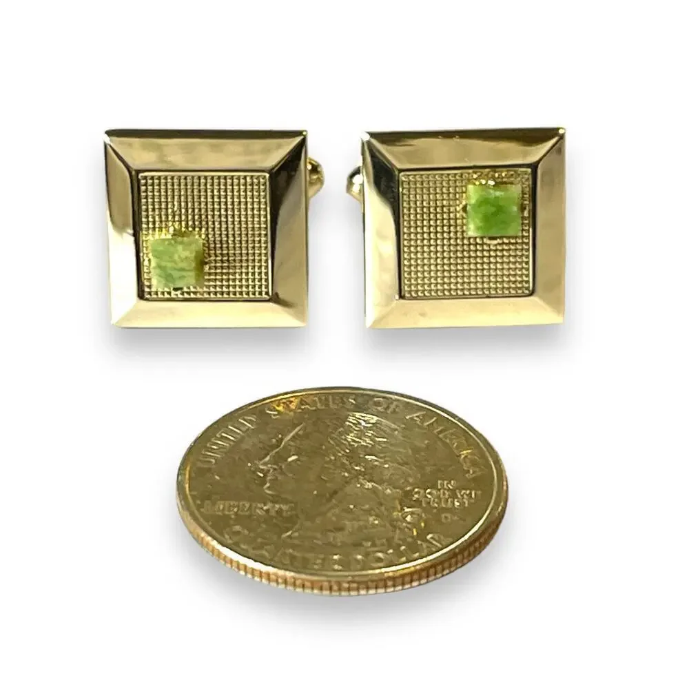 Vintage Dante Cufflinks Gold Tone Jade Stone Crosshatch Barrel Box Signed